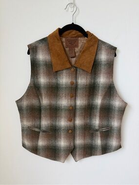 krazy kat Brown & Green Plaid Wool Vest with Suede Collar